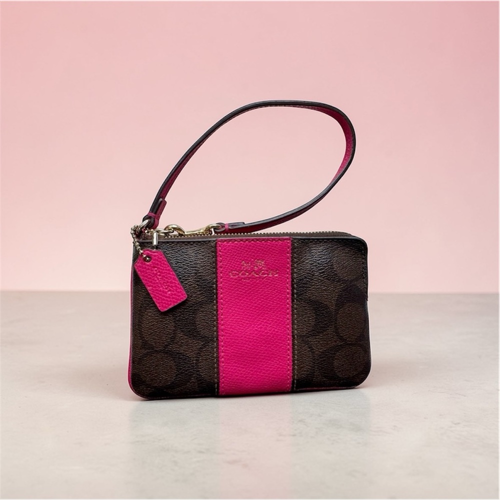 Coach Signature Pink and Brown Wristlet